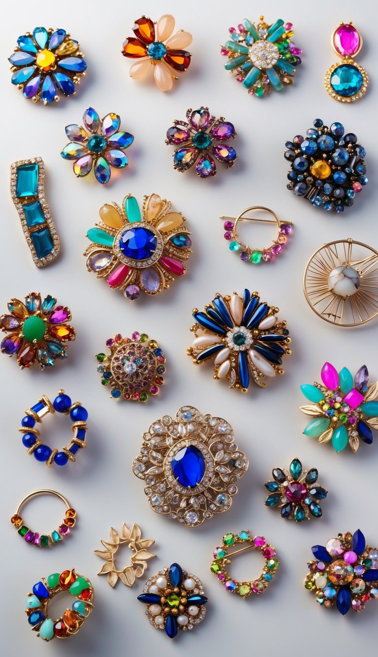 A collection of 21 unique brooches made from broken jewelry pieces arranged on a neutral background.